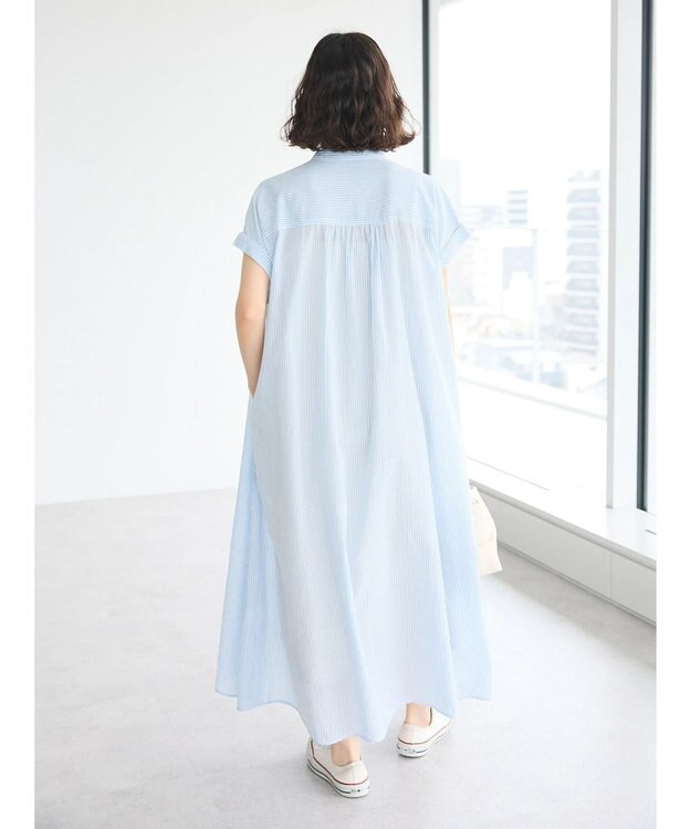 CRAFT STANDARD BOUTIQUE インド綿バンドカラーワンピース Stripe Sax