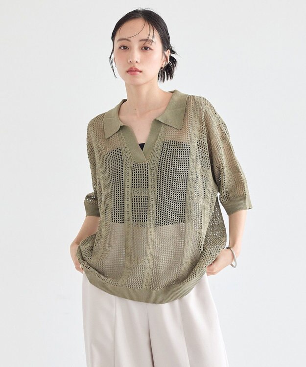 earth music&ecology レーシースキッパーポロニットプルオーバー Khaki