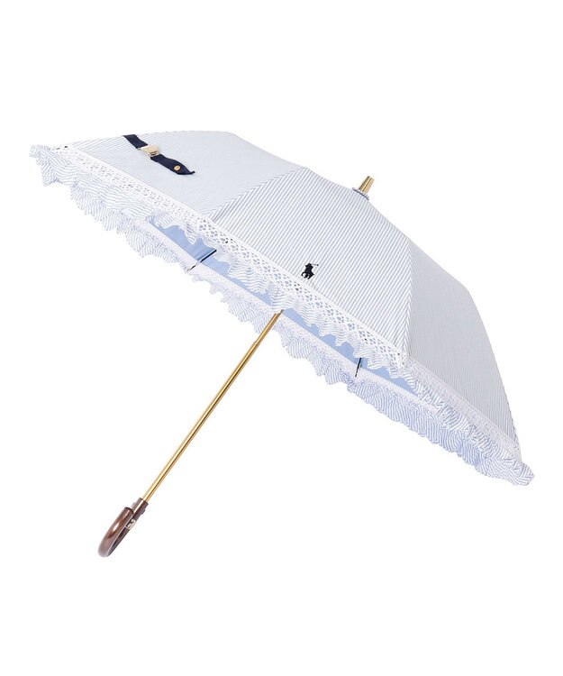 MOONBAT POLO RALPH LAUREN 晴雨兼用日傘 折りたたみ傘 ストライプフリル／遮光 遮熱 UV スカイブルー
