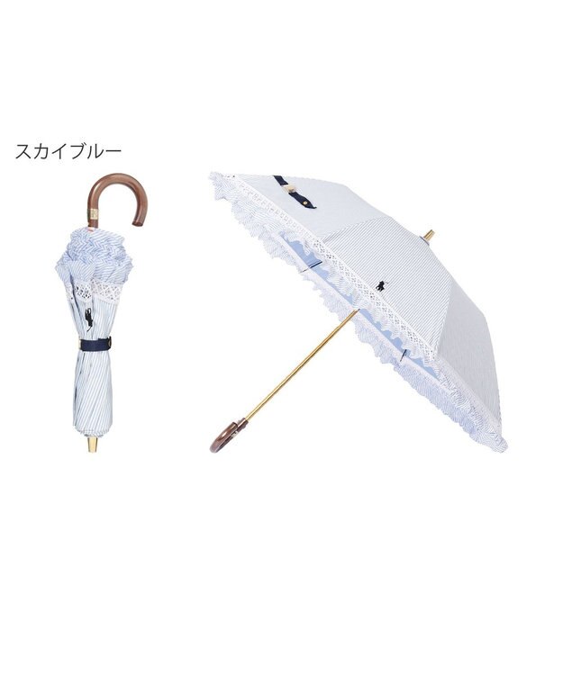 MOONBAT POLO RALPH LAUREN 晴雨兼用日傘 折りたたみ傘 ストライプフリル／遮光 遮熱 UV スカイブルー