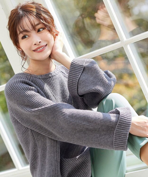 Tiaclasse L 【洗える】リラックス感のあるラグランスリーブニット チャコールグレー