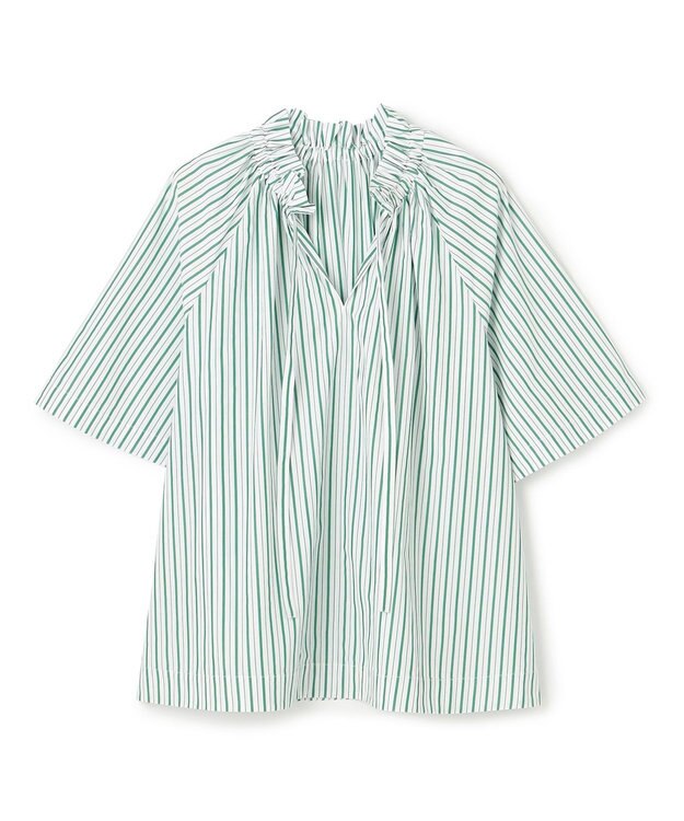 UNFILO フリルネック ブラウス グリーンストライプ