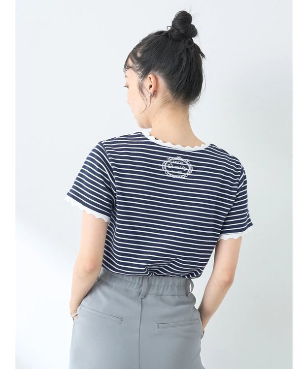 earth music&ecology バイカラースカラッププルオーバー Border Navy