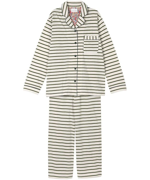 une nana cool 【綿100%】コットンボーダーパジャマ MADE WITH LIBERTY FABRIC オリーブ