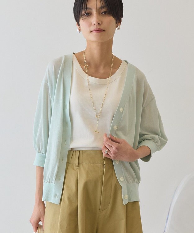 AMERICAN HOLIC 5分袖シアーVネックニットカーディガン Sax