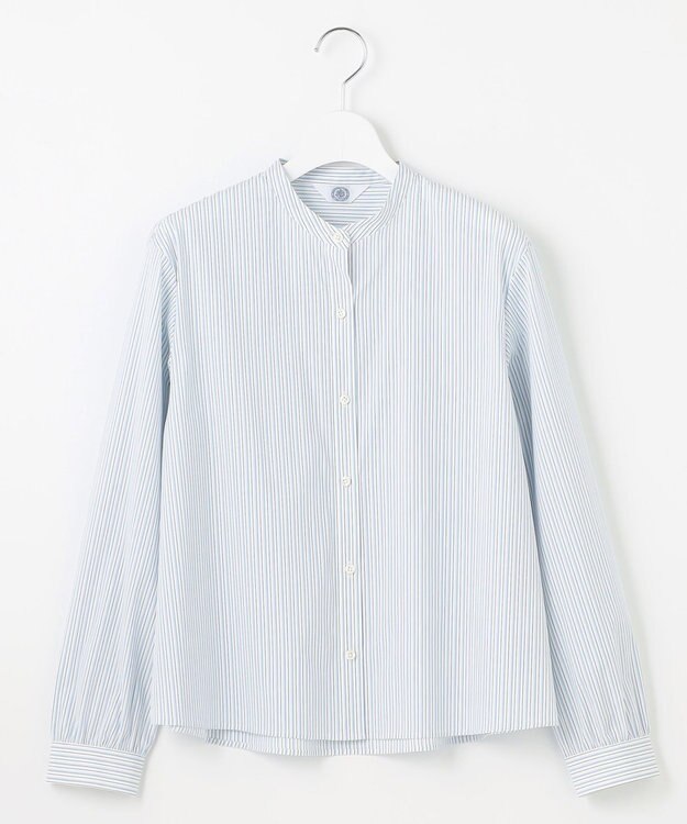 J.PRESS LADIES L 【洗える】BEZ VEGA バンドカラー ブラウス ホワイト×サックスブルー系