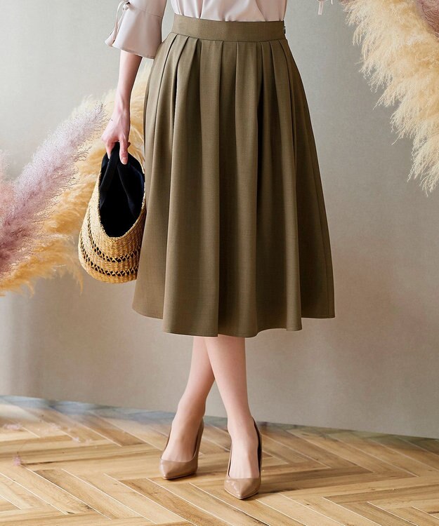 Tiaclasse 【洗える】体型カバーも叶う麻調フレアタックスカート カーキ