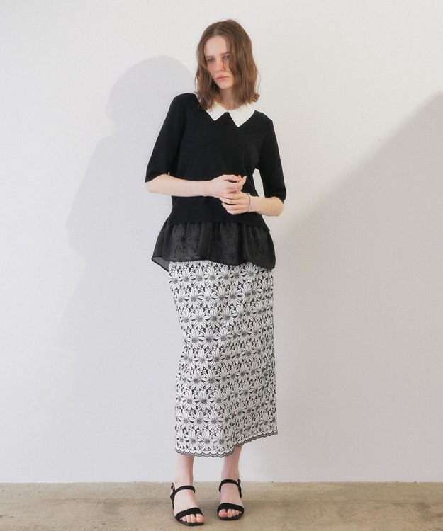 YECCA VECCA フラワーレースロングナロースカート Off White