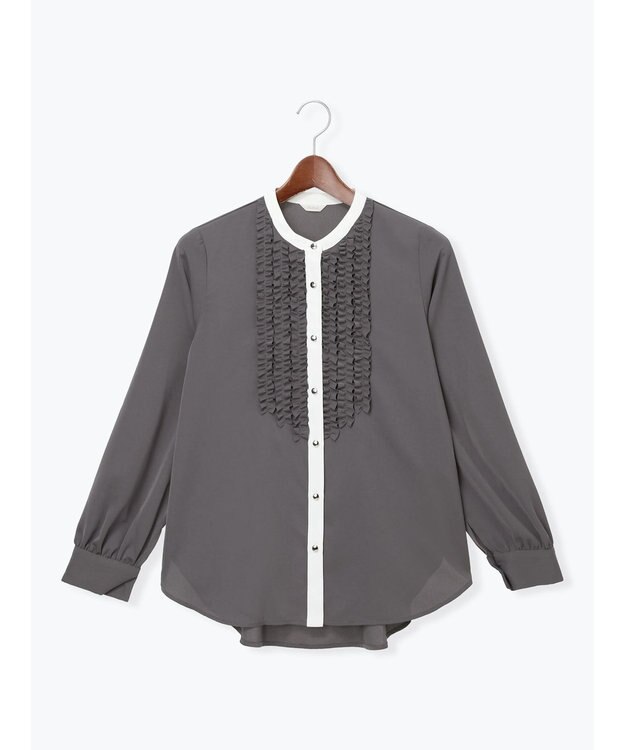Te chichi フロントフリルバイカラーブラウス チャコールグレー