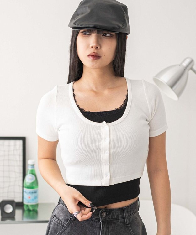 WEGO レースキャミレイヤード風ちびT ホワイト