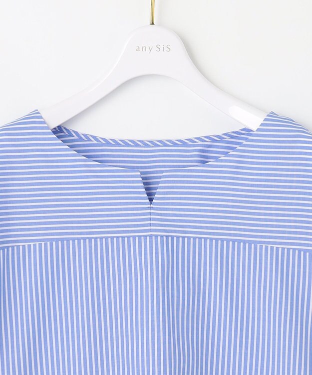 ANY SIS 【洗える】ノーカラーシャツ ブラウス ブルーストライプ