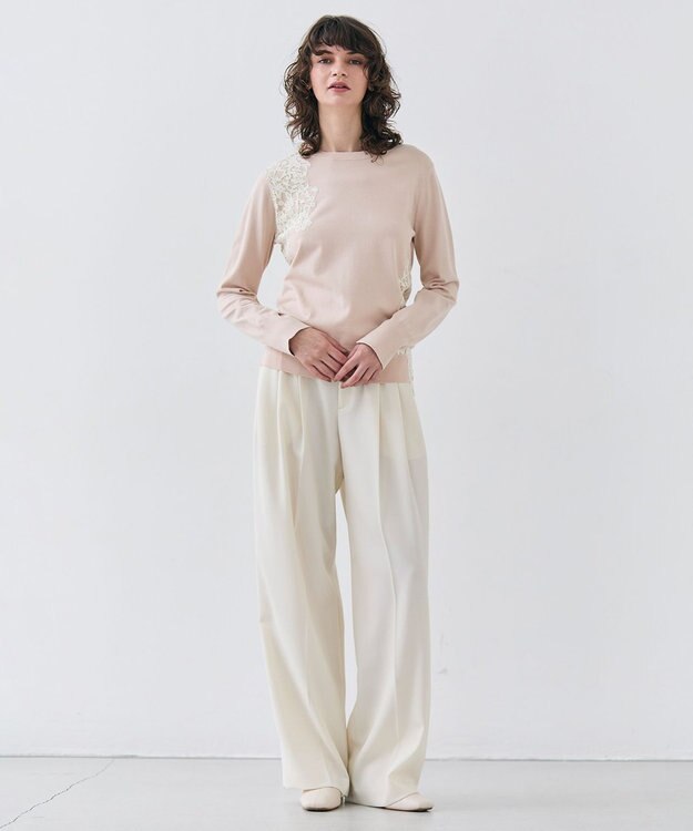 BEIGE， 【ご好評により新色追加！洗える】WILLOW / アシンメトリーレースクルーネックニット Nude×Off White