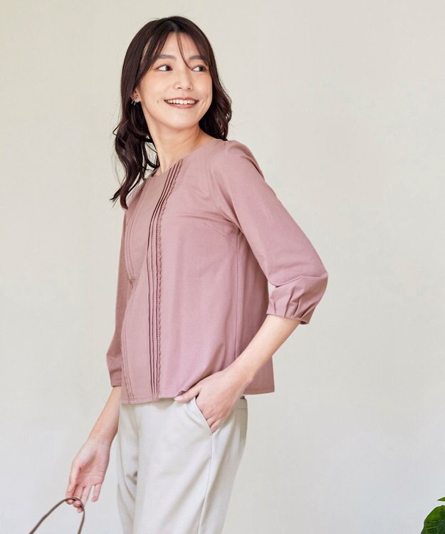 Tiaclasse 【洗える】ピンタックレースカットソーTブラウス ピンク