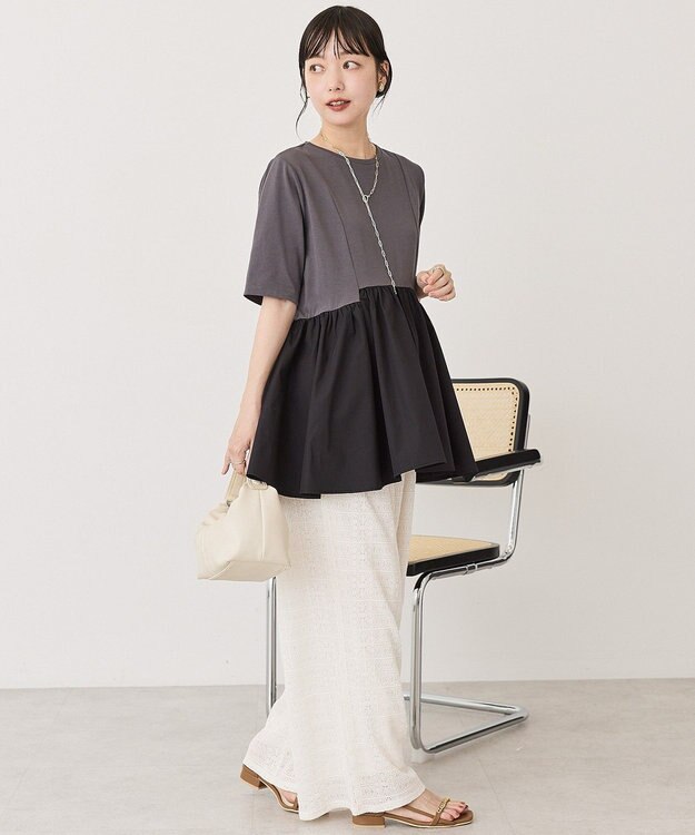 AMERICAN HOLIC 布帛切替ペプラム半袖プルオーバー Charcoal Gray