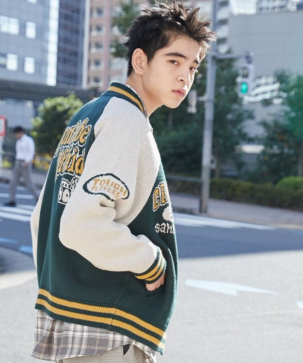 WEGO 【ユニセックス着用ITEM/MLサイズ展開】ジャガードニットスタジャン ダークグリーン