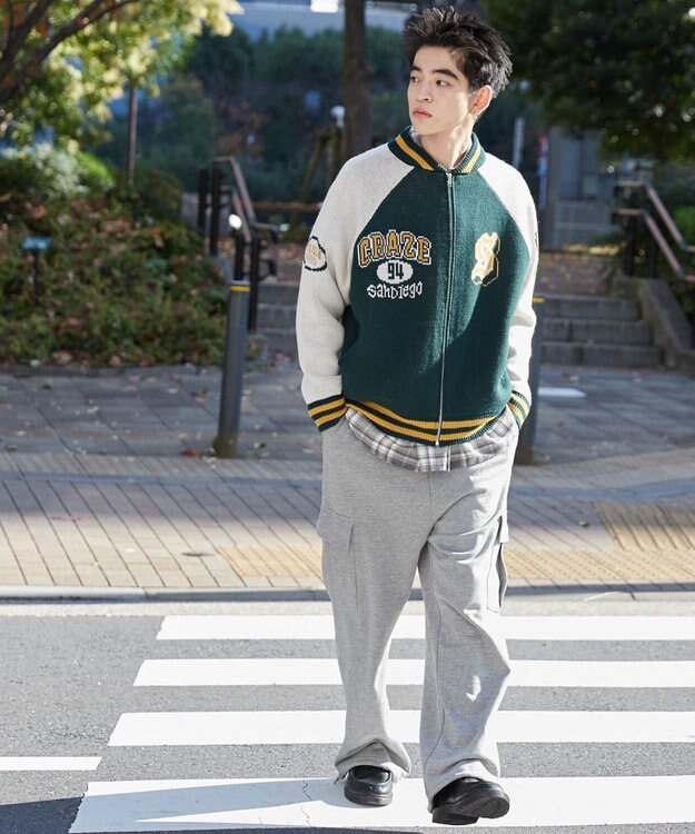 WEGO 【ユニセックス着用ITEM/MLサイズ展開】ジャガードニットスタジャン ダークグリーン