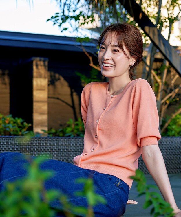 Tiaclasse  【洗える】ハーフスリーブサマーニットカーディガン コーラル