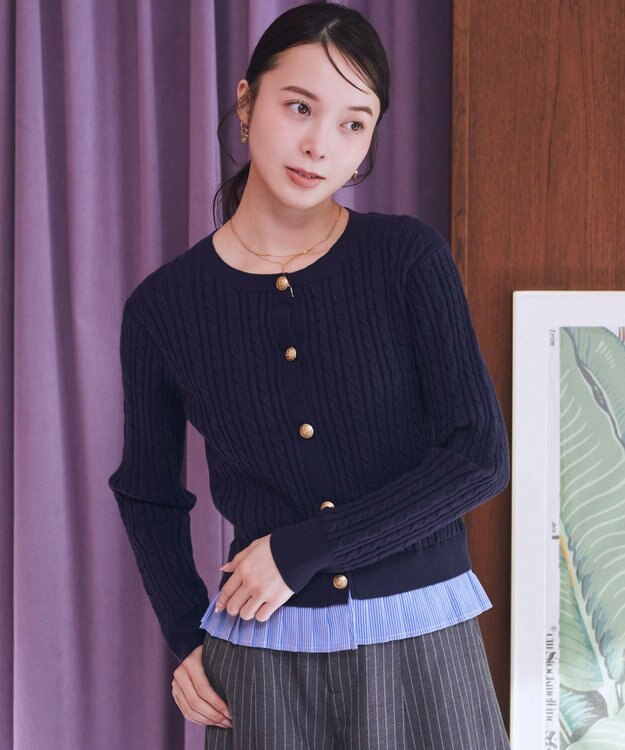 earth music&ecology 【予約】プリーツレイヤーケーブルニットカーディガン Navy