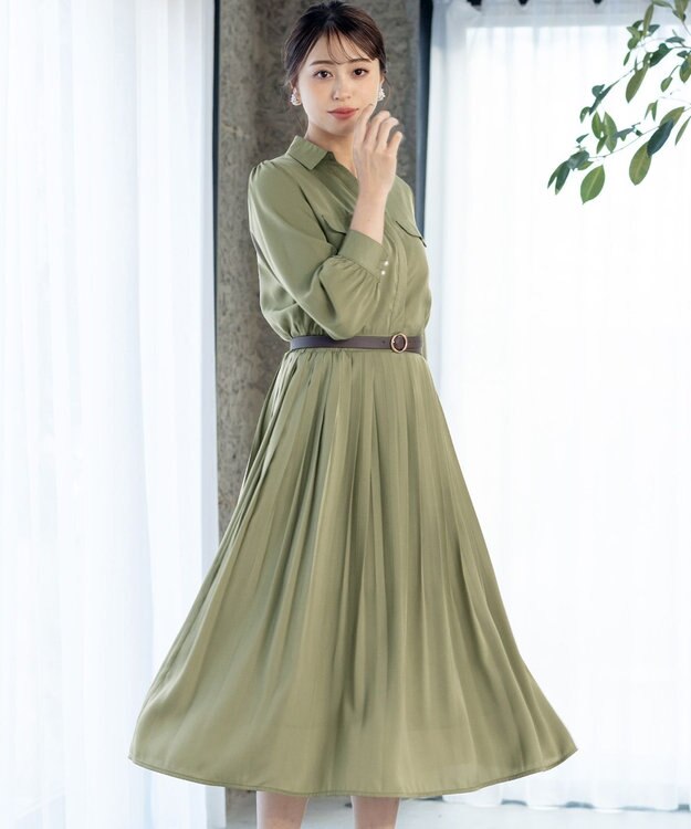 Tiaclasse L 【洗える】ヴィンテージサテンシャツワンピース カーキ