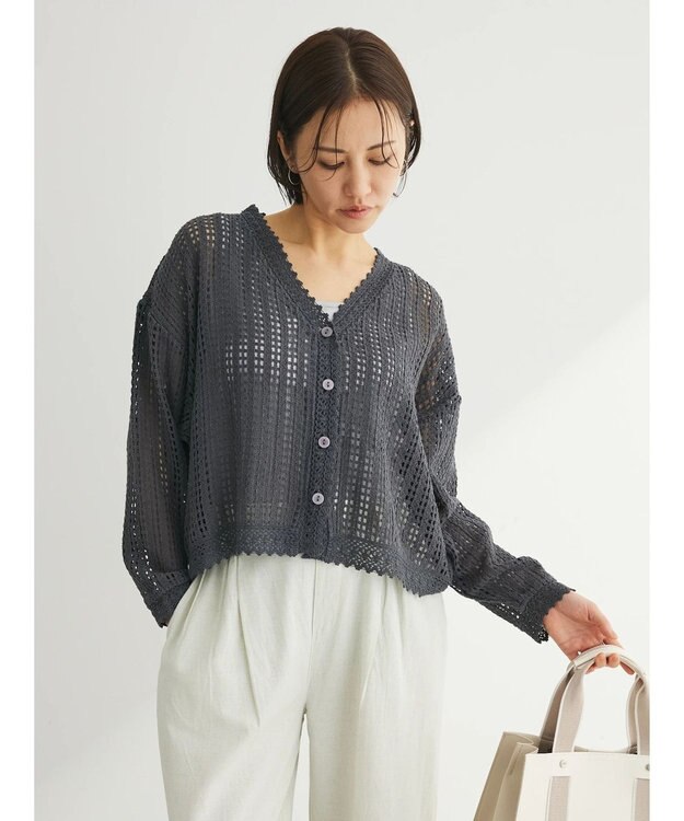 Green Parks インド綿　レース編みカーディガン Gray