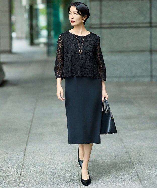 自由区 L 【17号サイズまで展開・カタログ掲載】トリアセダブルクロスレース ワンピース ネイビー