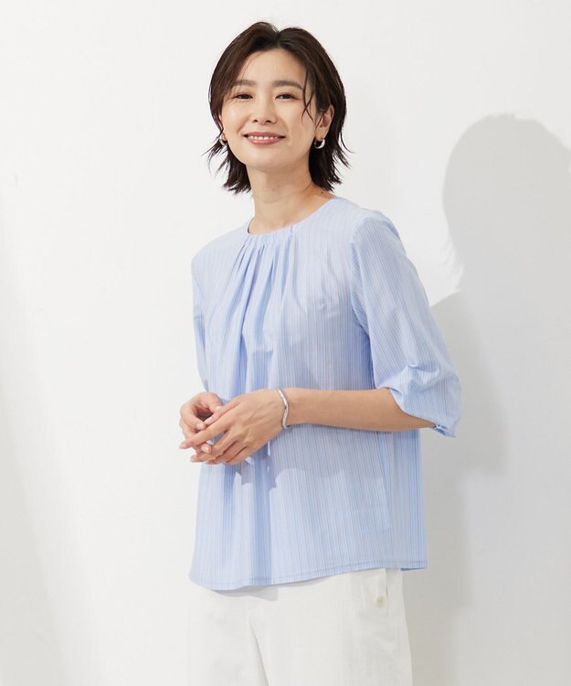 J.PRESS LADIES L 【イージーケア】 STRIPE JERSEY ボリュームスリーブ カットソー サックスブルー系1