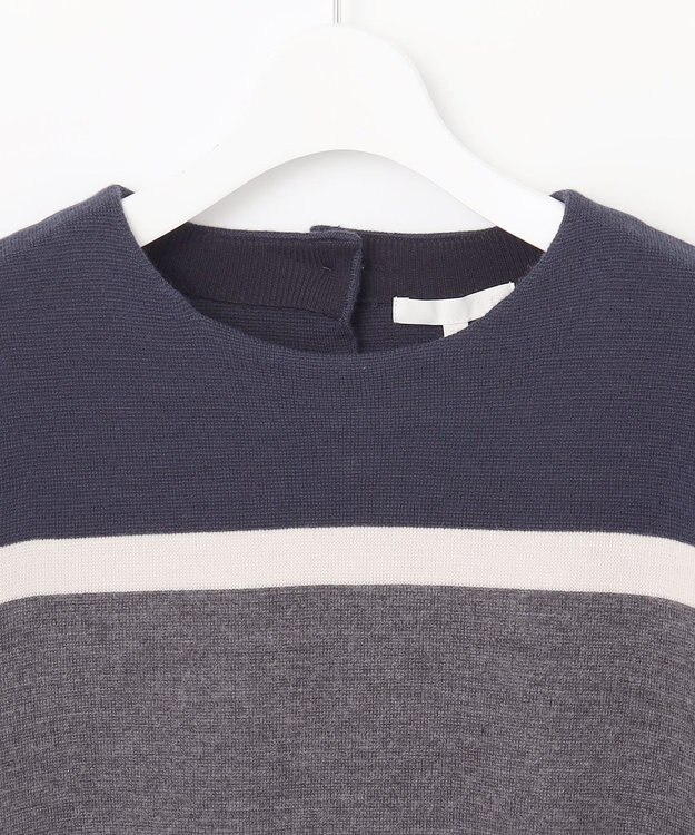 自由区 L 【セットアップ対応・洗える】ウールミラノボーダーチュニック丈 ニット グレー×シャンパンベージュ×ネイビー