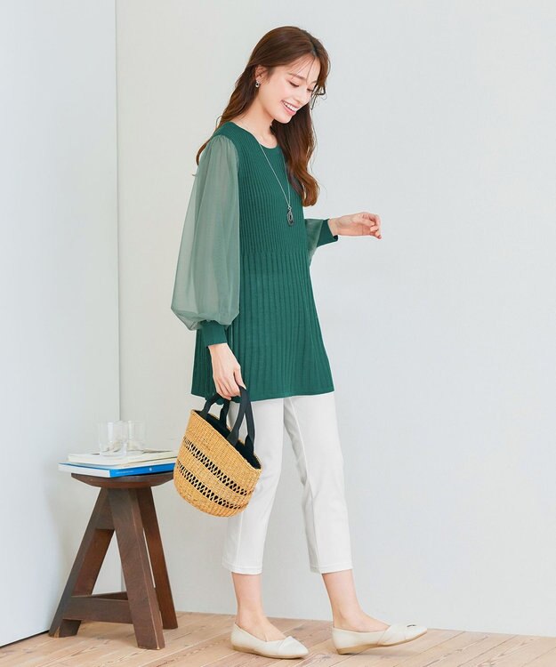 Tiaclasse チュールスリーブニットチュニック ターコイズ