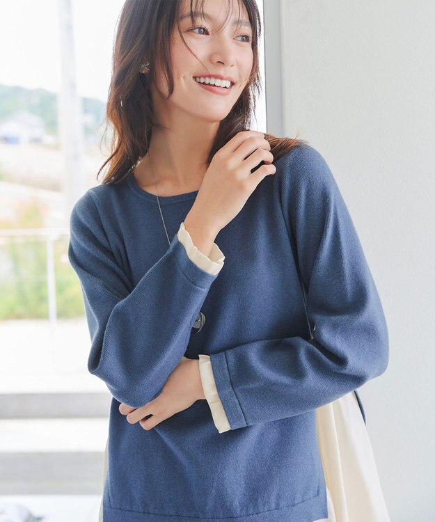 Tiaclasse 【洗える】ヴィンテージサテンニットコンビチュニック ブルー