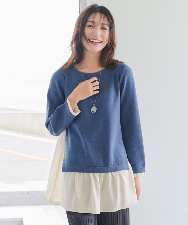 Tiaclasse 【洗える】ヴィンテージサテンニットコンビチュニック ブルー