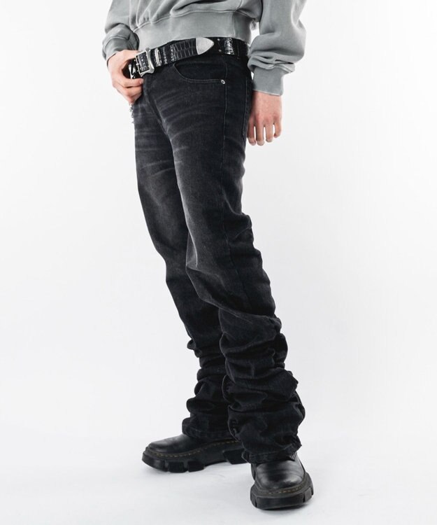 WEGO 【ユニセックス着用ITEM】シャーリングフレアデニムスキニーパンツ デニムブラックソノタ