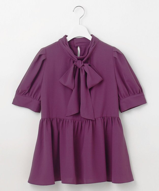 Feroux 【洗える】ペプラム ボウタイブラウス パープル系