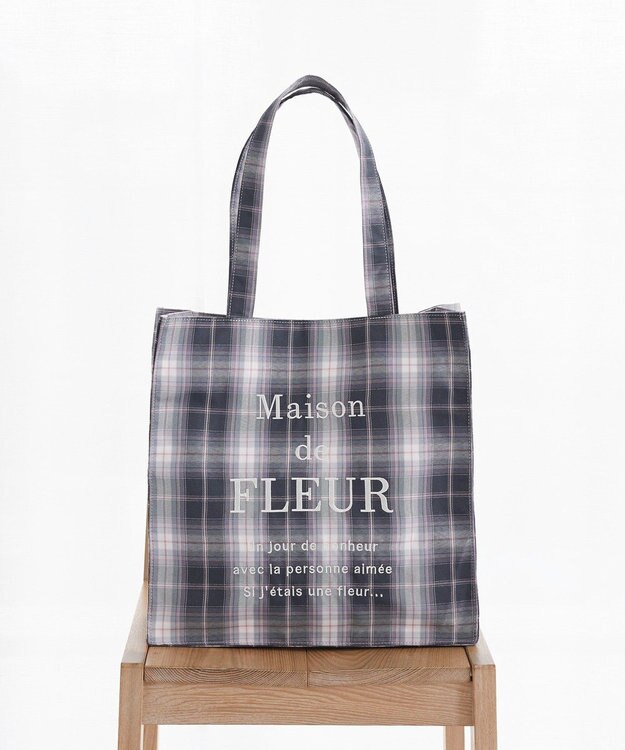 Maison de FLEUR ブランドロゴ刺繍チェックスクエアトート Gray