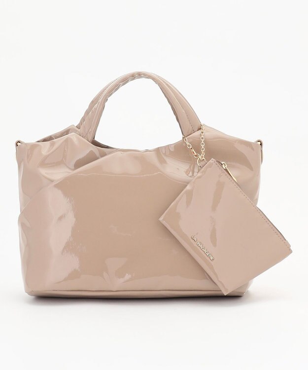 LA BAGAGERIE ポーチ付きエナメルトート Sサイズ グレージュ
