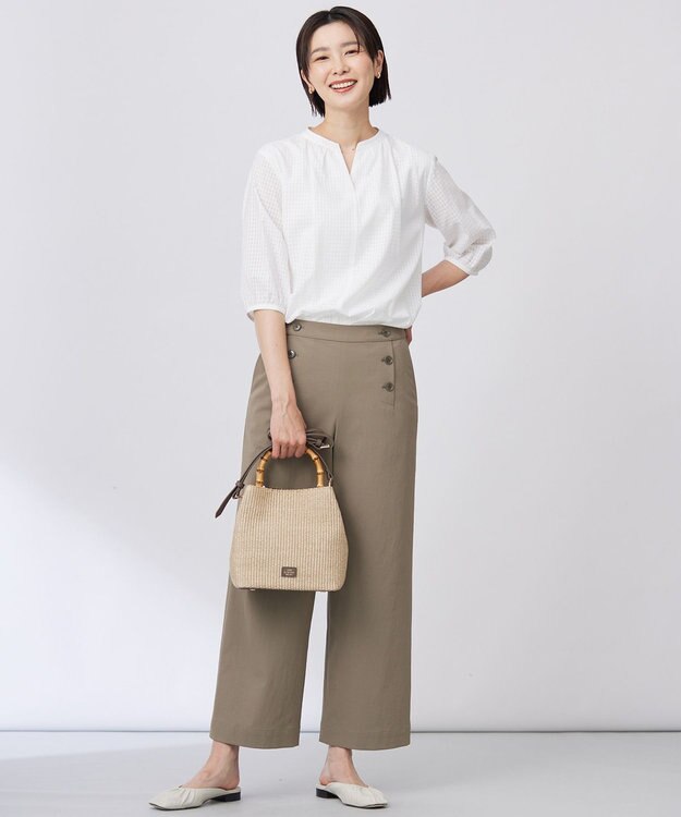J.PRESS LADIES 【洗える・接触冷感・UVケア・吸水速乾・防透け】麻シェルドライ ワイドストレート マリン パンツ カーキ系