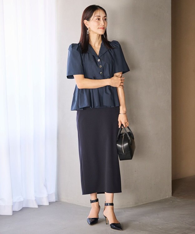 #Newans 【セレモニーにも】オープンカラーペプラムブラウス ネイビー