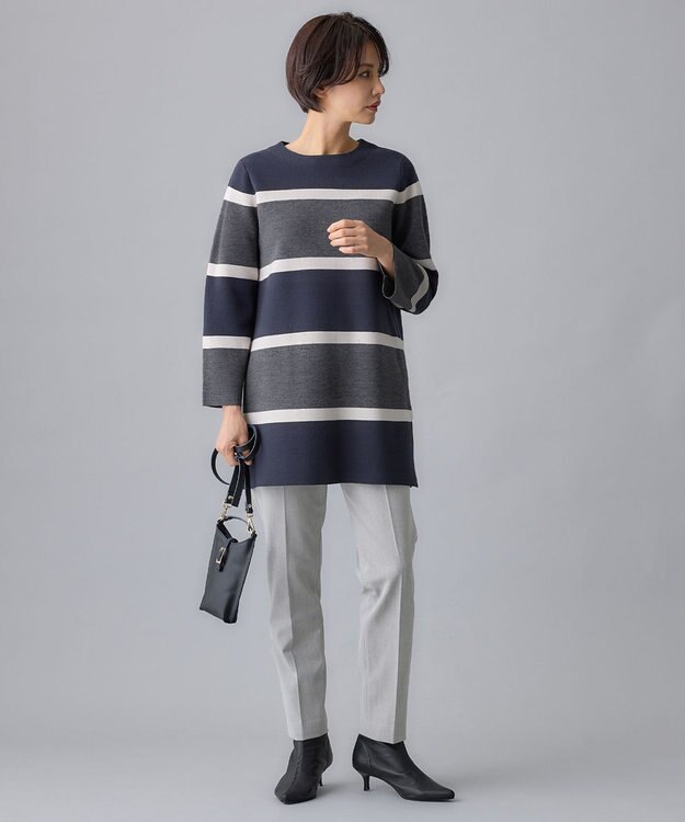 自由区 L 【セットアップ対応・洗える】ウールミラノボーダーチュニック丈 ニット グレー×シャンパンベージュ×ネイビー