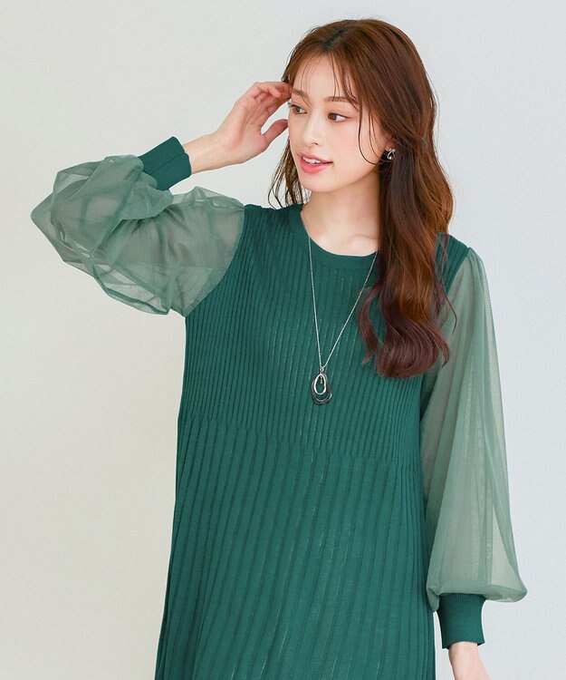 Tiaclasse チュールスリーブニットチュニック ターコイズ