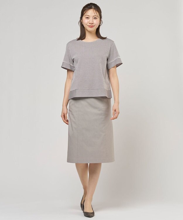 J.PRESS LADIES 【一枚で着映え】サッカージャージー クルーネック カットソー スレートブラウンストライプ系1