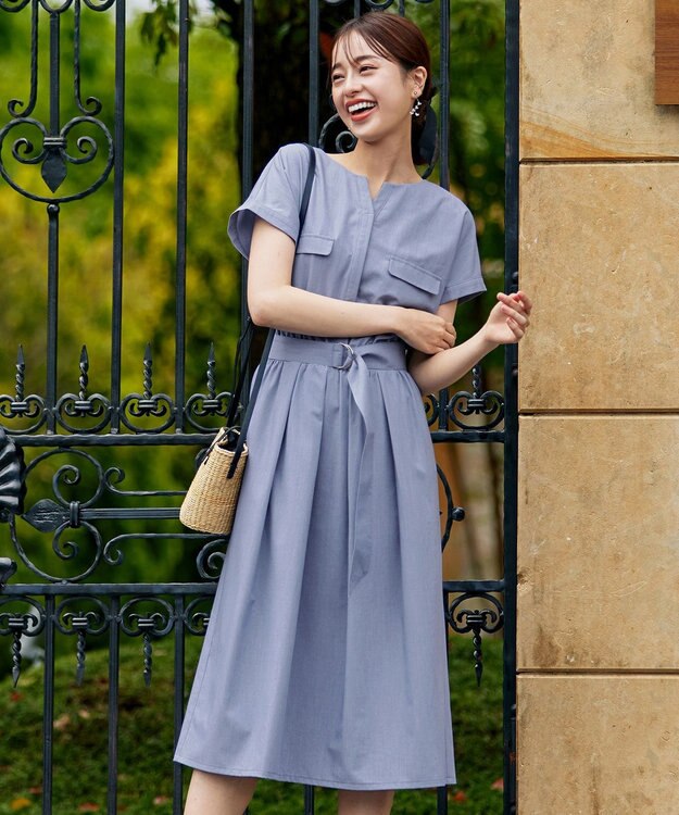 Tiaclasse L 【洗える】フラップポケットワンピース ブルー