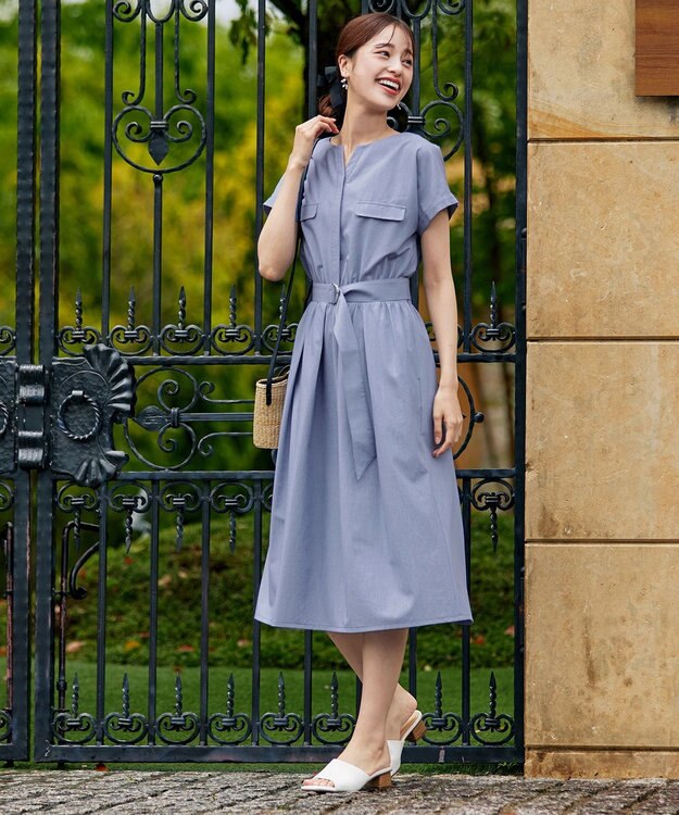 Tiaclasse 【洗える】フラップポケットワンピース ブルー