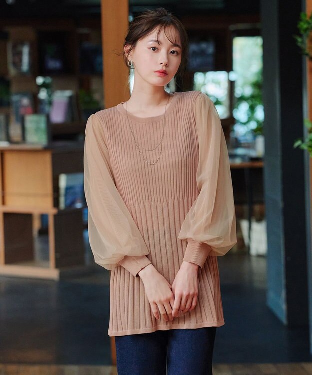 Tiaclasse チュールスリーブニットチュニック ピンク