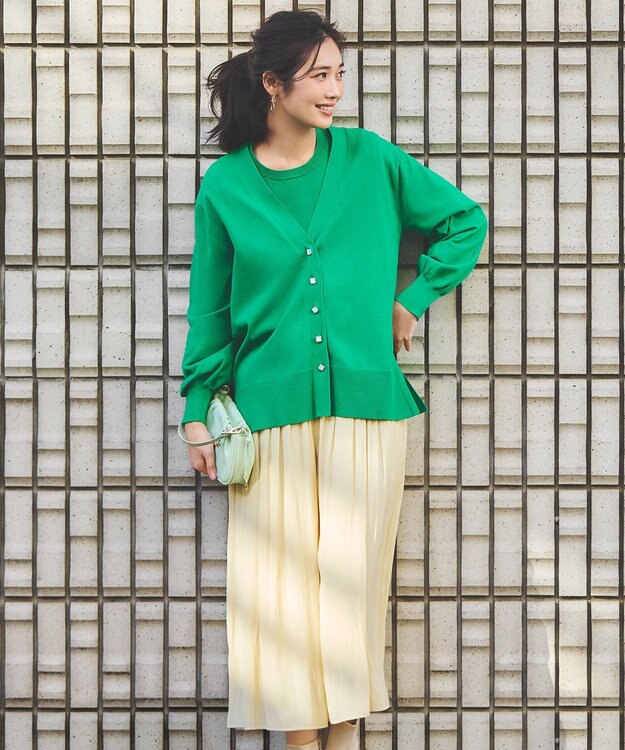 組曲 【ビジューボタン・アンサンブル対応】ハイゲージ ロングVネックカーディガン ダークグリーン系