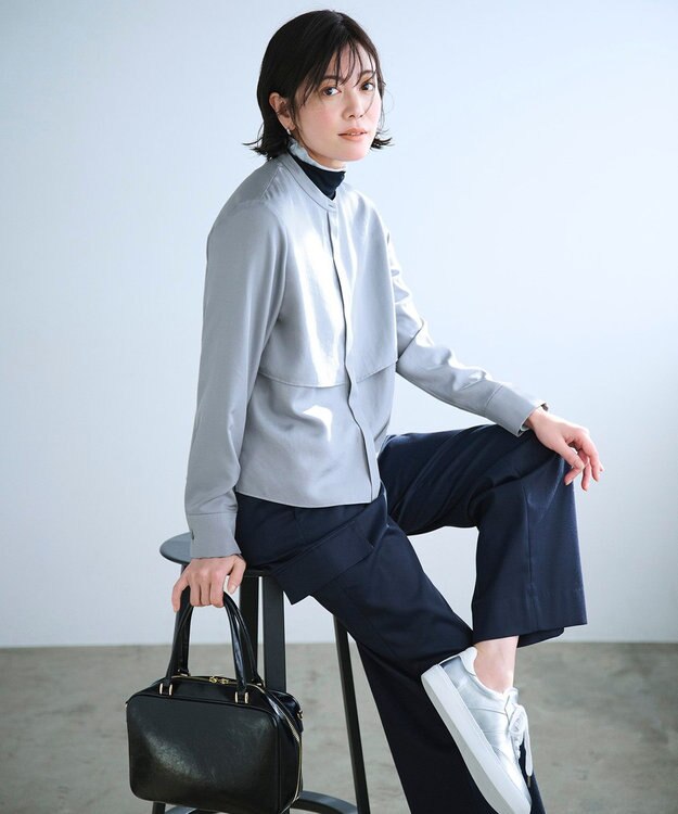 ICB 【洗える】ウォームサテン ワイドストレートカーゴパンツ ネイビー系