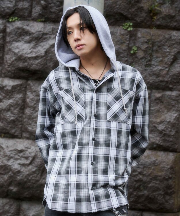 WEGO 【ユニセックス着用ITEM/MLサイズ展開】オンブレチェックフードシャツ（LS） ブラックチェック1