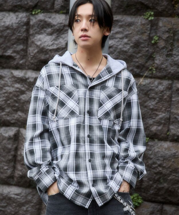 WEGO 【ユニセックス着用ITEM/MLサイズ展開】オンブレチェックフードシャツ（LS） ブラックチェック1