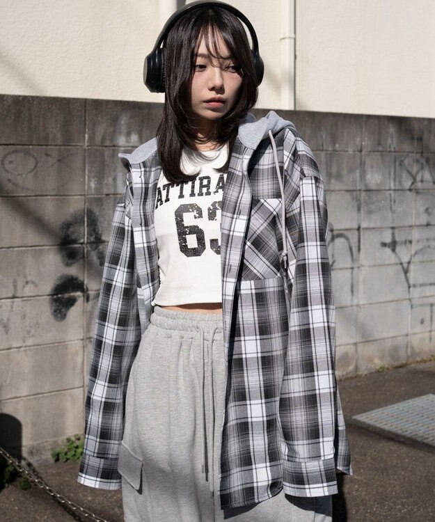 WEGO 【ユニセックス着用ITEM/MLサイズ展開】オンブレチェックフードシャツ（LS） ブラックチェック1