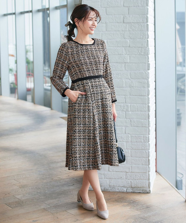 Tiaclasse 【安田美沙子さん着用・洗える】配色ツイードワンピース ベージュ