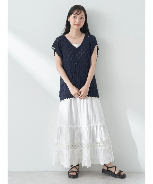 earth music&ecology クロッシェラインニットベスト Navy