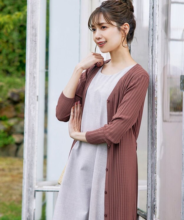 Tiaclasse 【洗える】ベルト付きランダムリブロングカーディガン ピンクブラウン